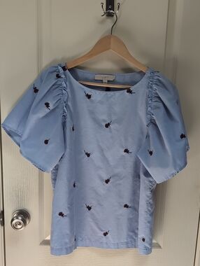 LOFT Sky Blue Puff-Sleeve Embroidered Top